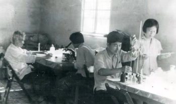 在无锡河埒口进行池塘养鱼基础理论研究课题(主持人刘焕亮)时,在池边实验室的工作照。左起:何志辉、郭明新、雷衍之、于淑敏。 在无锡河埒口进行池塘养鱼基础理论研究课题(主持人刘焕亮)时,在池边实验室的工作照。左起:何志辉、郭明新、雷衍之、于淑敏。